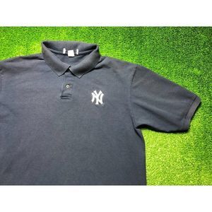 Vintage 90s Majestic New York Yankees Men's Short Sleeve Polo Size Large Blue